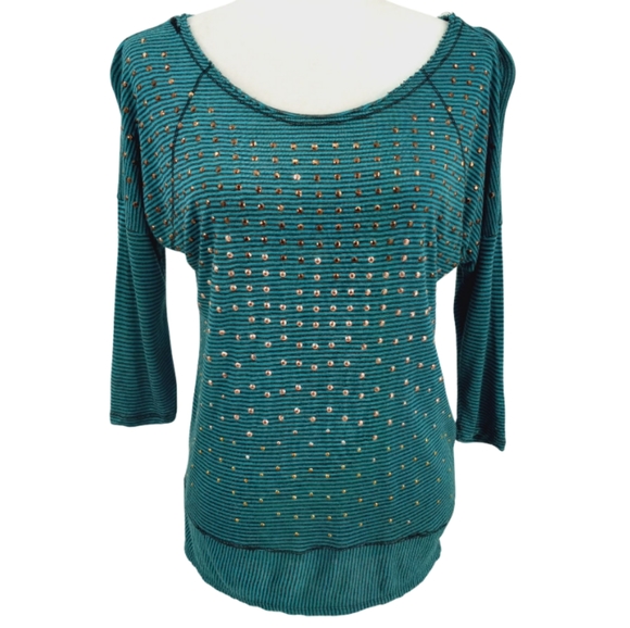 BUCKLE Daytrip Tunic Top Women's M Metallic Stud Embellished Green Black Stripe - Picture 5 of 12